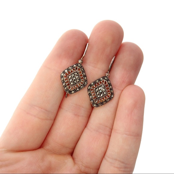 Marcasite Sterling Silver Drop Earrings Diamond Shape Kidney Wire Estate - Picture 3 of 5